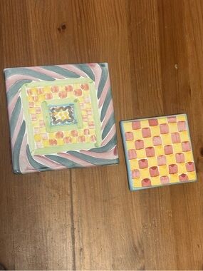 Vintage Mackenzie Childs Ceramic Tile Trivet and Coaster